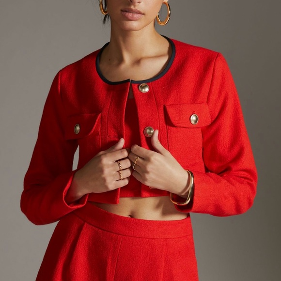 MAEVE Anthropologie Shrunken Cropped Tweed Jacket Red Sz 8 NWT - Picture 12 of 12